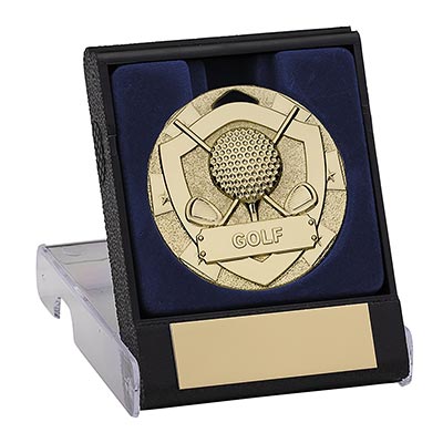 Boxed Mini Shield Gold Golf Medal 50mm